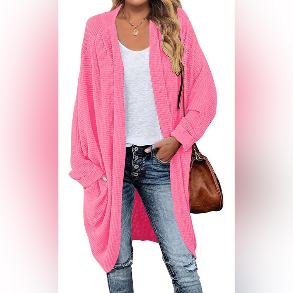 Cardigan / Waffle Knit Batwing Open Cardigan with Pockets